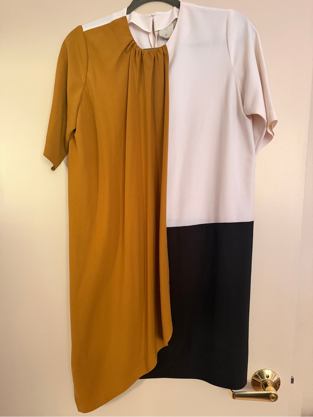 In Good Company Colorblock Asymmetrical Shift Dress in Mustard, Ivory & Black